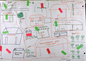 This drawing of a school was made by girls in Zimbabwe, on which they have placed green and red stickers. Green stickers indicate places where they feel safe, red stickers where they feel at risk.